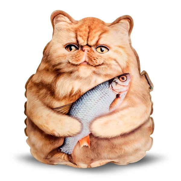 Realistic pillow toy Persian red kitten with fish