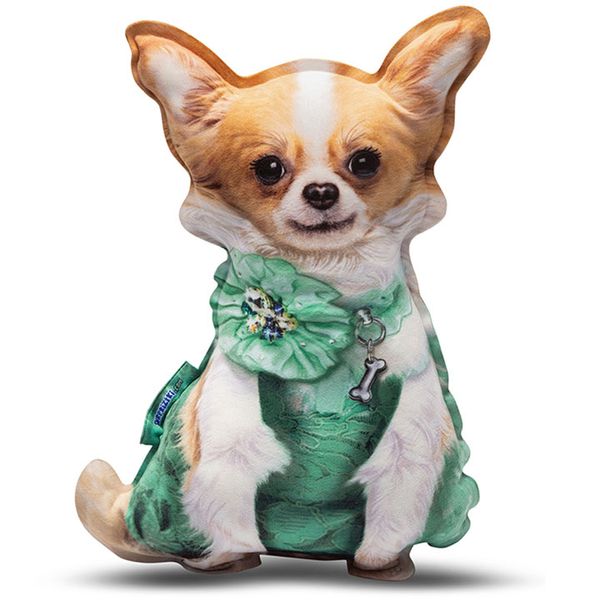 Realistic Chihuahua pillow toy in a dress